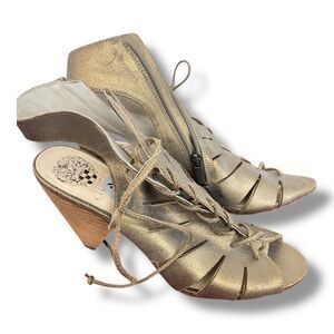 Vince Camuto Briaz Gladiator Caged Sandal Women's 9.5 Gold Brown Suede Block Hee